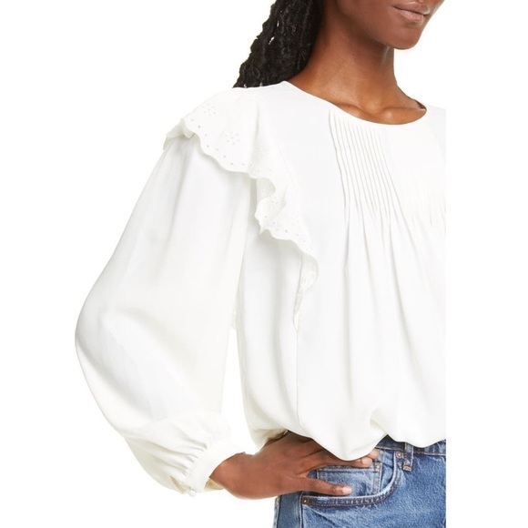 JOIE 70s Eyelet Embroidered Ruffle Pintuck Long Poet Sleeve Peasant Blouse L - Picture 7 of 14